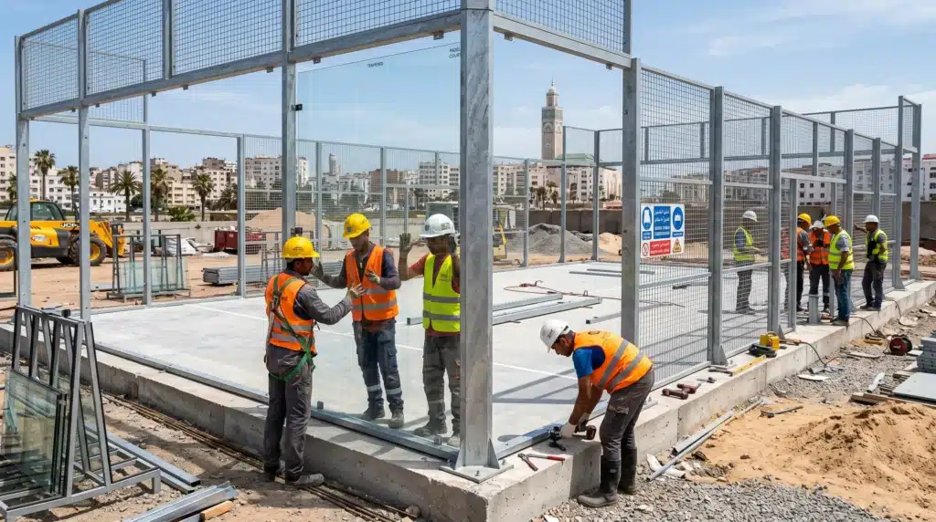 Chantier de construction d'un terrain de padel au Maroc avec structure acier galvanisée