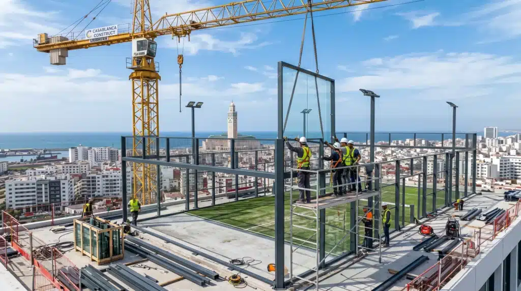 Montage d'une construction d'un terrain de padel sur rooftop au Maroc