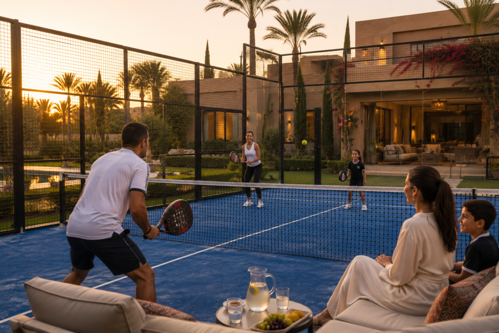 famille jouant sur un padel privé dans une villa