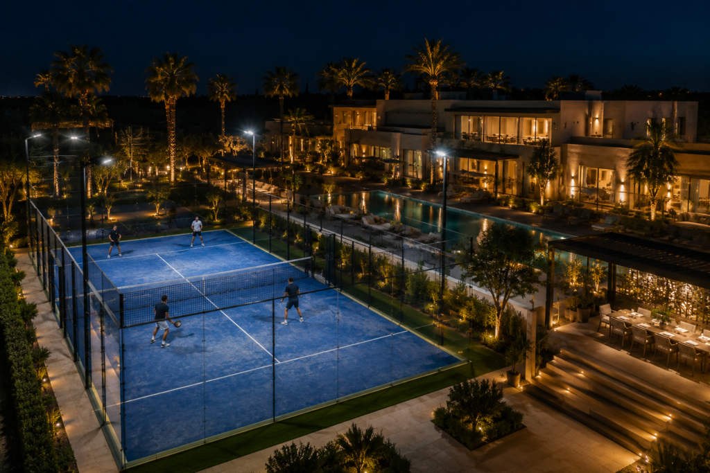 padel privé dans une villa éclairé la nuit