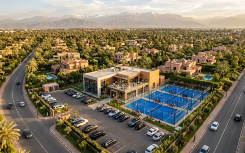 Vue aérienne d'un club de padel au Maroc avec 3 terrains couverts