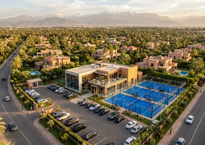 Vue aérienne d'un club de padel au Maroc avec 3 terrains couverts
