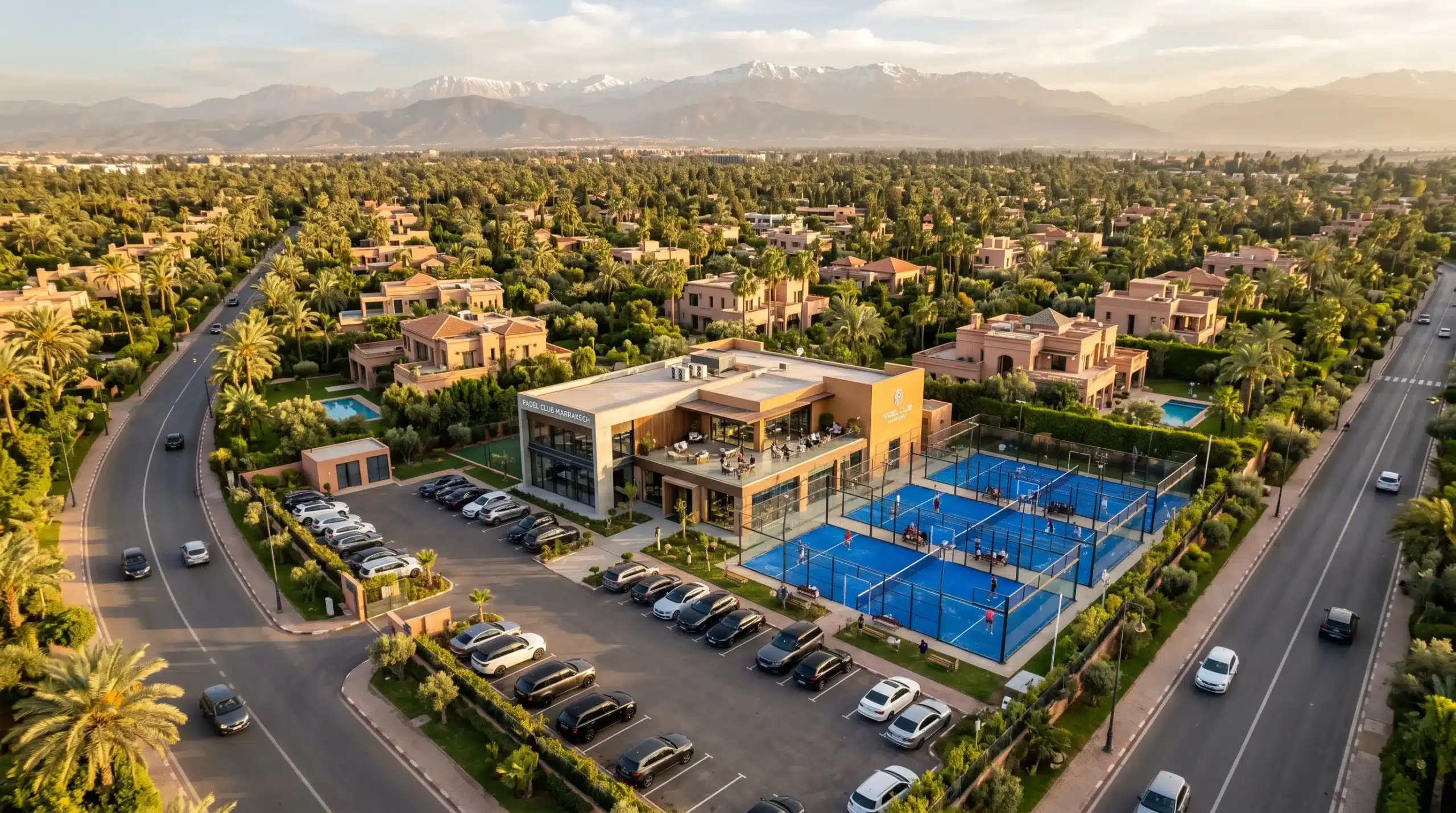 Vue aérienne d'un club de padel au Maroc avec 3 terrains couverts