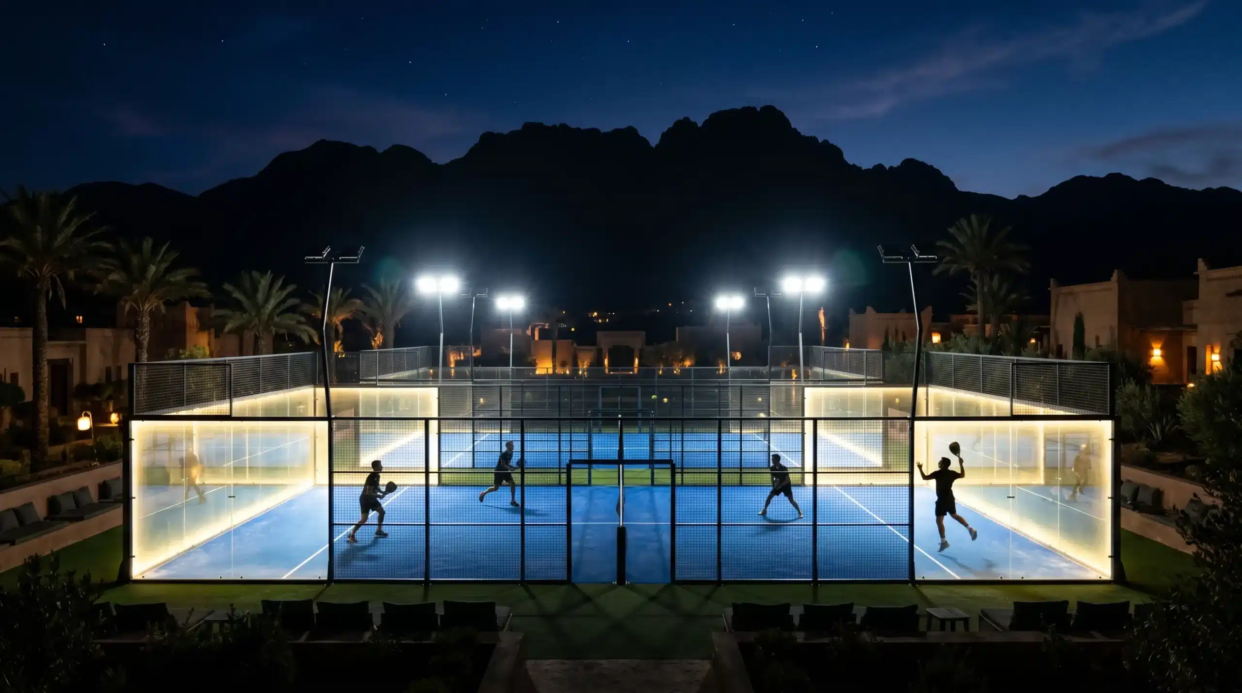 full panoramique padel nuit Maroc terrain luxe éclairage LED