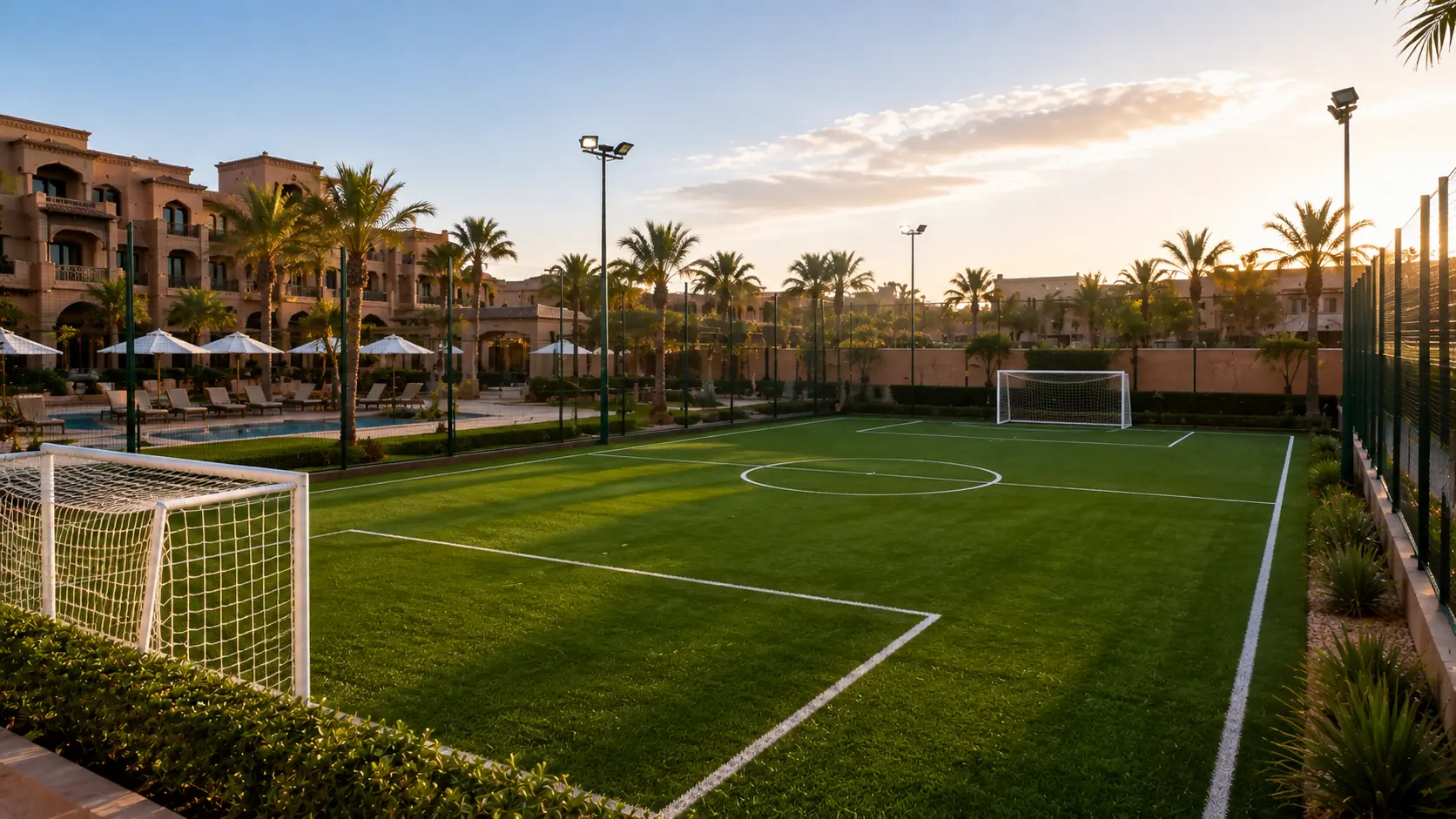 Terrain de football pour hôtel&nbsp;: pelouse synthétique et éclairage